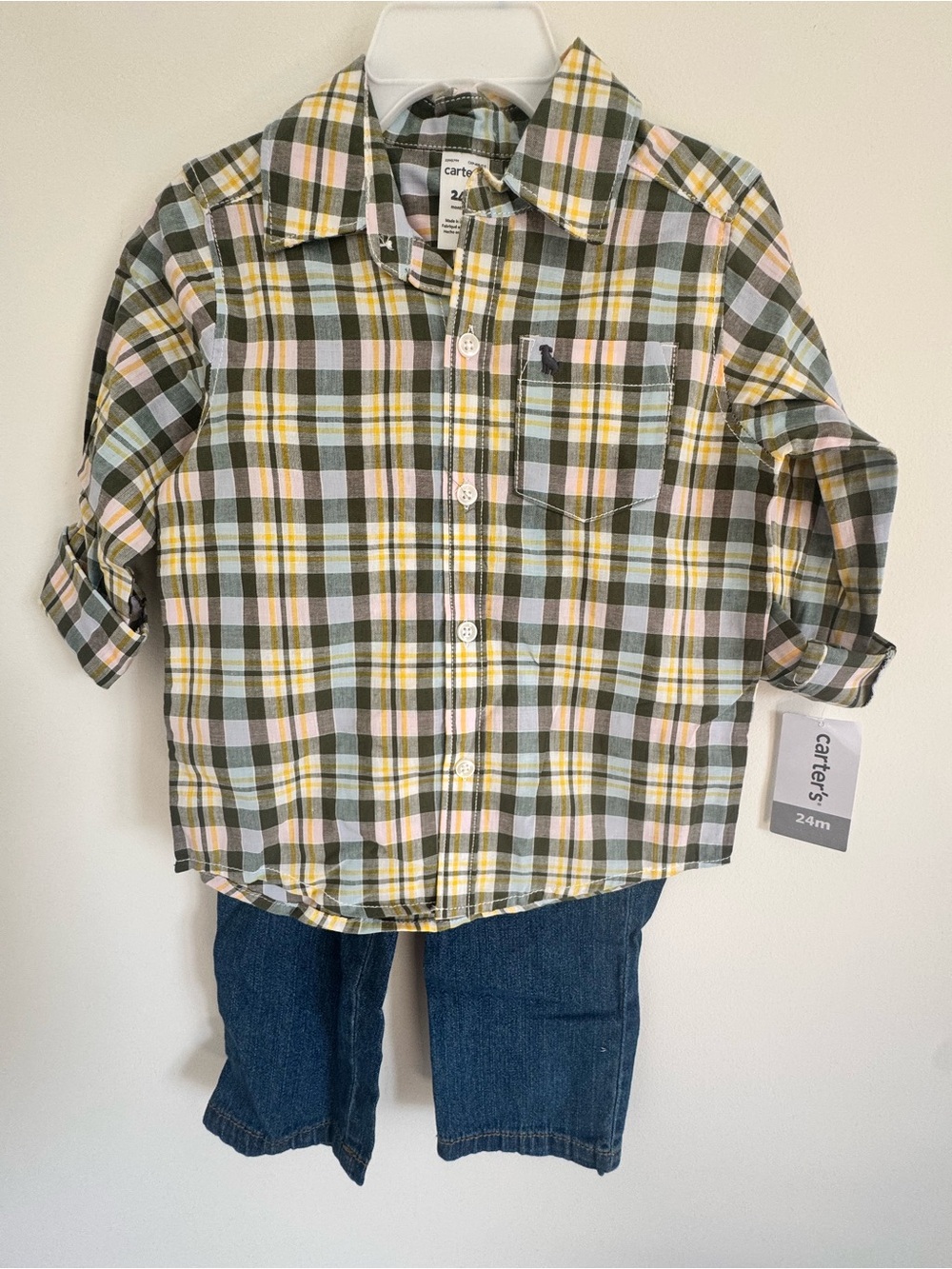 NWT Carter's Olive, Yellow & Pink Plaid Button-Down Shirt and Jeans